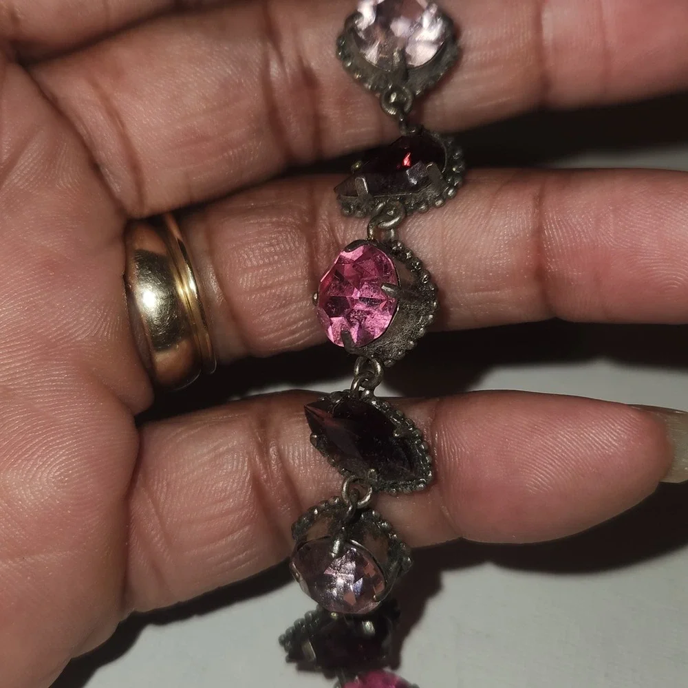 Vintage Style Pink purple Rhinestone Toggle Link Bracelet‎ Antiqued Silver Tone